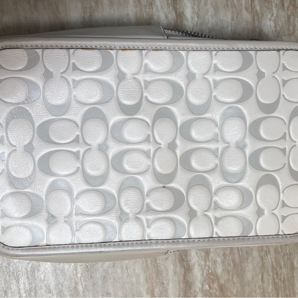 Coach Signature Embossed Sling Crossbody Bag Beige Leather Trim